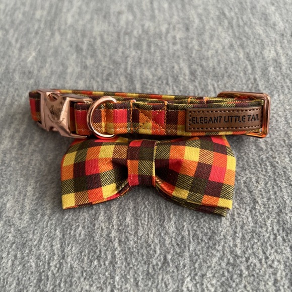 Elegant Little Tail XS Dog Collar & Bow Yellow Plaid Grid Unisex Adjustable New - Picture 2 of 11
